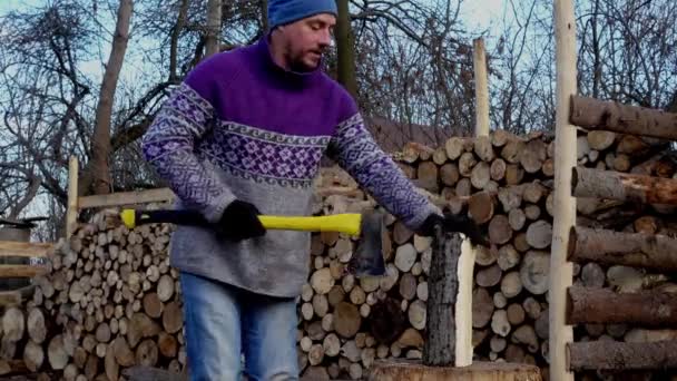 Een Jonge Kerel Hakt Hout Boerderij Het Portret Van Een — Stockvideo