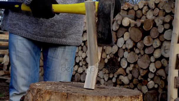 Joven Corta Leña Granja Retrato Hombre Con Hacha Escucha Madera — Vídeos de Stock