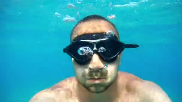 Young White Handsome Male Doing Underwater Selfie Action Camera Portrait — Stock Video