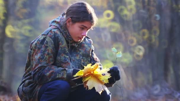 Boy Walks Autumn Park Teen Scout Explores Forest Autumn — Stock Video