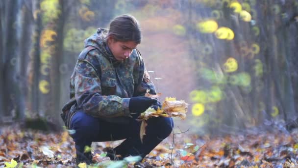 Boy Walks Autumn Park Teen Scout Explores Forest Autumn — Stock Video