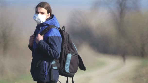 Teenager Boy Walks Nature Mask Quarantine Portrait Teenager Medical Mask — Stock Video