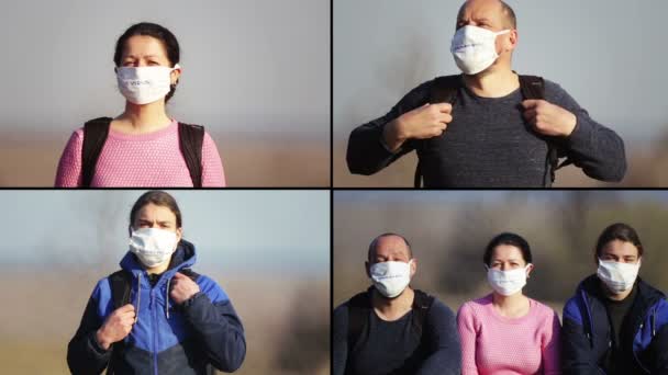 自然界の仮面の若い家族の肖像画 家族は公園の隔離後にマスクを削除します ビデオファイルのセット — ストック動画