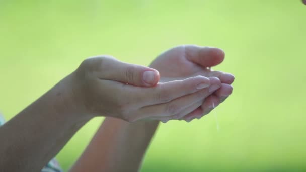 Woman Washes Hands Soap Outdoors Hands Girl Close While Washing — Stock Video