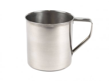 Beyaz izole gümüş termos kupa, yakın çekim