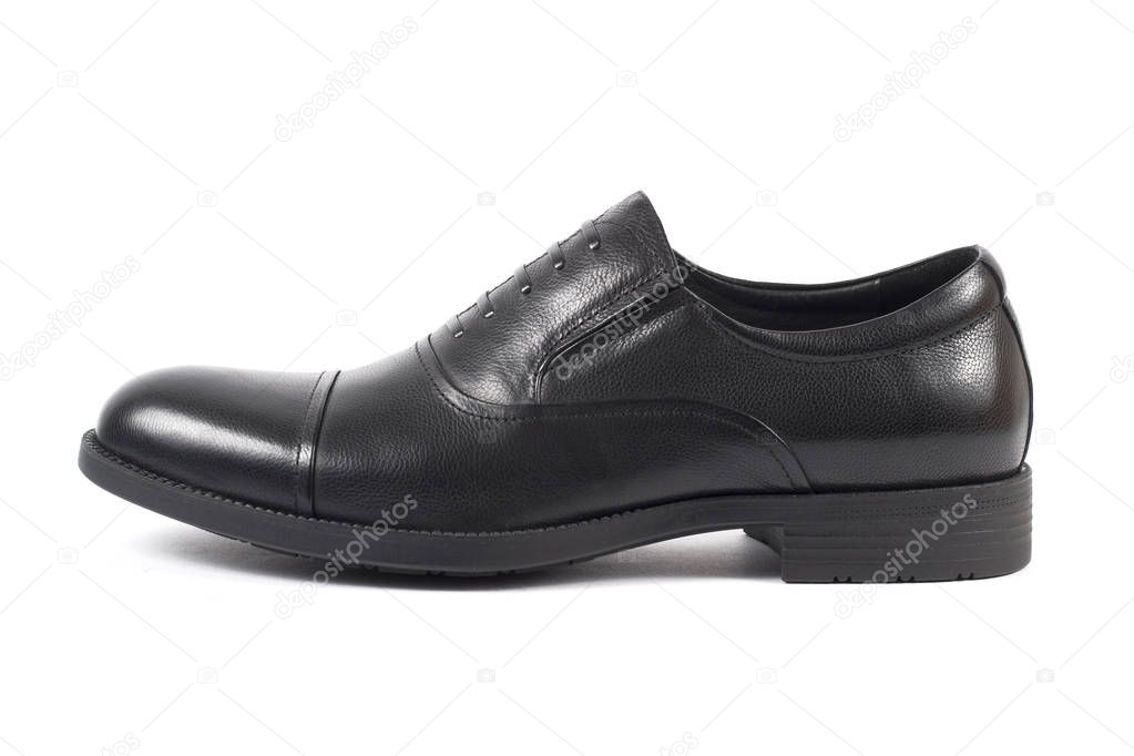 Classic male black leather shoe isolated on a white background