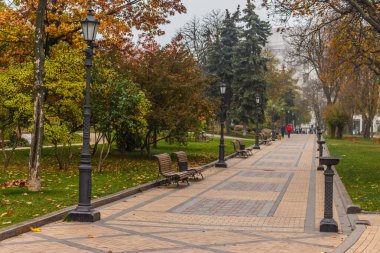 Kiev, Ukrayna - 27 Ekim 2019: Kiev parkında sonbahar. Vladimir Anıtı, Vladimir parkındaki sarı ağaç yaprakları ve kentsel Volodymyrska Tepesi 'ndeki Dinyeper Nehri manzarası boyunca uzanır.