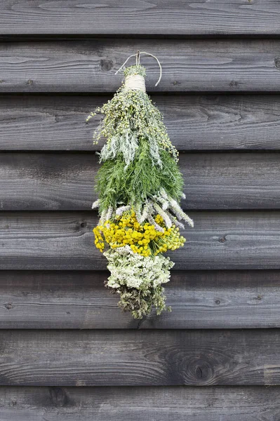 Bunch Herbs Fragrant Herbs Garden Old Wooden Background — Stock Photo, Image