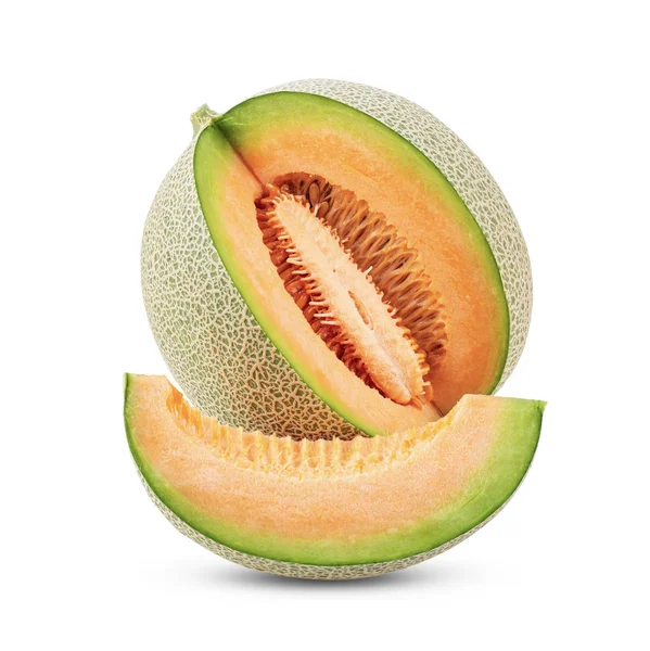 Ganze Und Scheiben Japanische Melonen Oder Cantaloupe Mit Samen Isoliert — Stockfoto