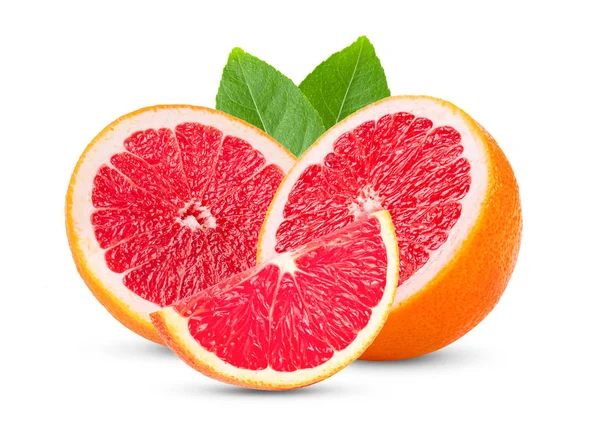 Roze Sinaasappel Grapefruit Met Plak Geïsoleerd Witte Ondergrond — Stockfoto