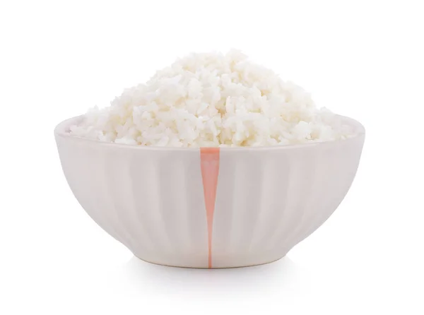 Arroz Cozido Tigela Cerâmica Sobre Fundo Branco — Fotografia de Stock