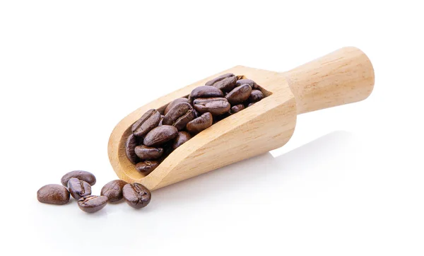 Roasted Coffee Beans Wood Scoop Isolated White Backgroun — Stock Photo, Image