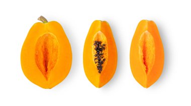 Papaya dilimi beyaz arka planda izole edilmiş. Üst görünüm