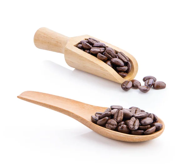 Roasted Coffee Beans Wood Spoon Scoop Isolated White Background — Stock Photo, Image