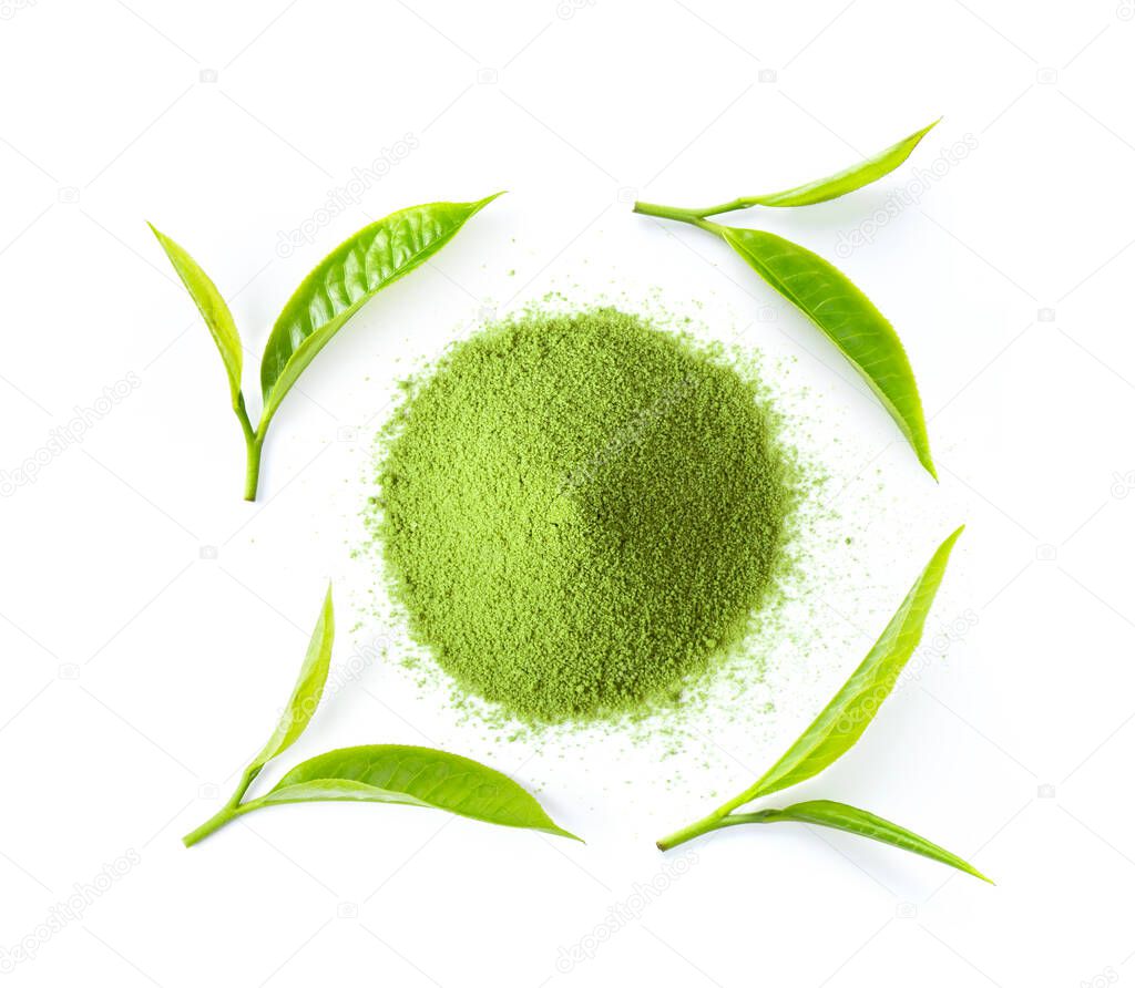 matcha green tea powder and leaf on white background. top view