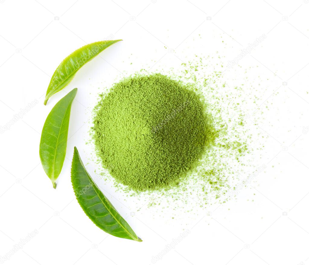 matcha green tea powder with leaf on white background. top view