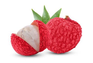 Beyaz arka planda yaprakları olan Lychee. tam alan derinliği