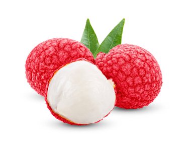 Beyaz arka planda yaprakları olan liçi. Tropik meyve