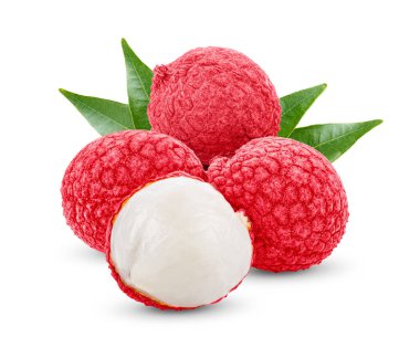 Beyaz arka planda yaprakları olan liçi. Tropik meyve