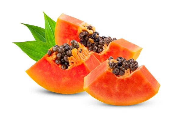 Egy Darab Érett Papaya Gyümölcs Magokkal Elszigetelt Fehér Alapon — Stock Fotó