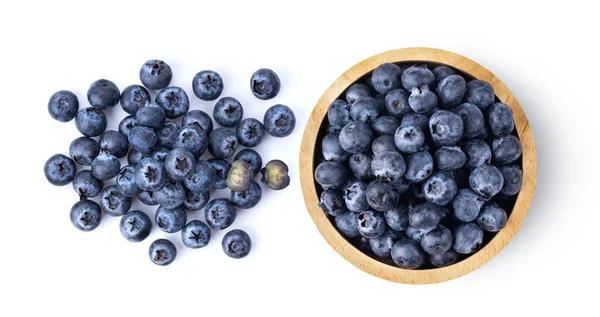 Blueberries Wood Bowl Isolated White Background Top View — Stock Photo, Image