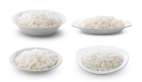Vařené Jasmín Rýže Bílém Talíři Bílém Pozadí — Stock fotografie