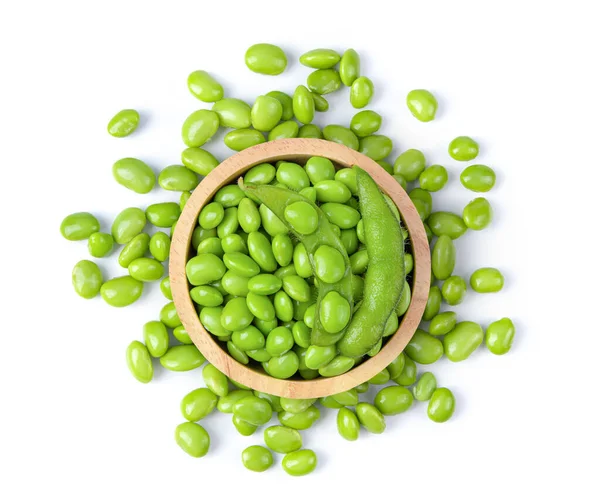 Green Soy Beans Wood Bowl Isolated White Background Top View — Stock Photo, Image