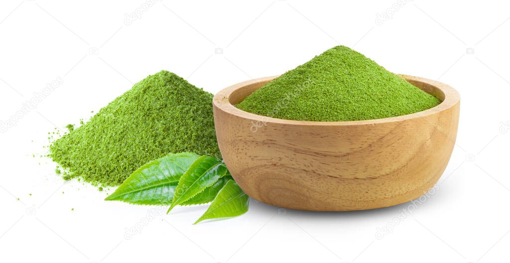 matcha green tea in wood bowl with leaf on white background