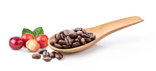 Roasted Coffee Beans Wood Spoon Isolated White Background — Stock Photo, Image