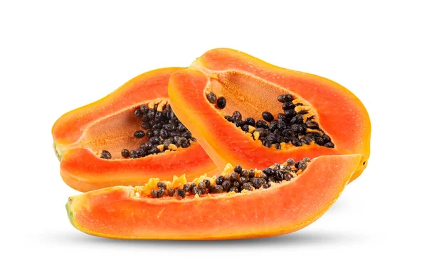 Helft Van Rijp Papaya Fruit Met Zaden Geïsoleerd Witte Achtergrond — Stockfoto