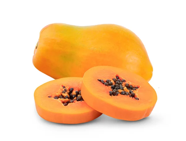 Die Hälfte Der Reifen Papayafrüchte Mit Samen Isoliert Auf Weißem — Stockfoto