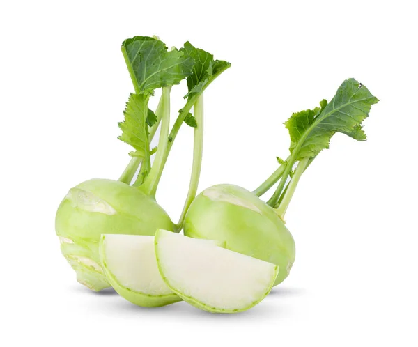 Frischer Kohlrabi Mit Grünen Blättern Auf Isoliertem Weißem Hintergrund Volle — Stockfoto