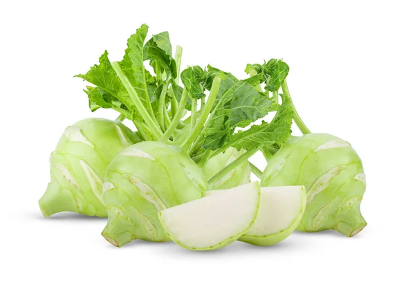 Frischer Kohlrabi Mit Grünen Blättern Auf Isoliertem Weißen Hintergrund — Stockfoto