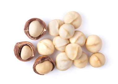 Beyaz arka planda izole edilmiş Macadamia fındıkları. Üst görünüm
