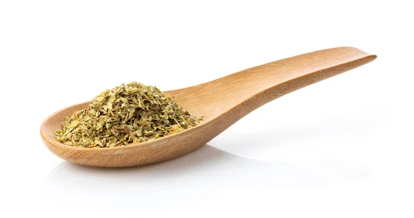 Dried Oregano Wood Spoon White Background Full Depth Field — Stock Photo, Image