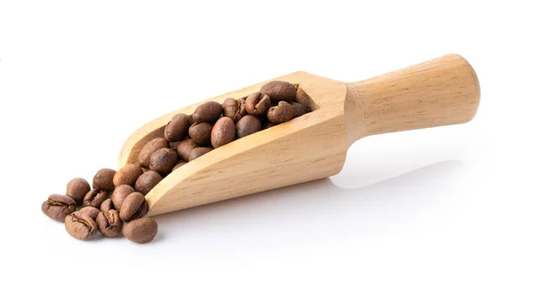 Roasted Coffee Beans Wood Scoop Isolated White Background Full Depth — Stock Photo, Image