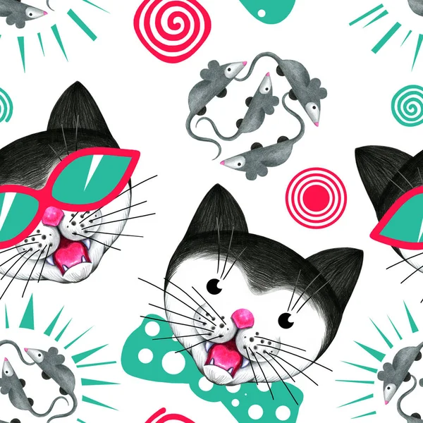 Seamless pattern with  cats and mice.