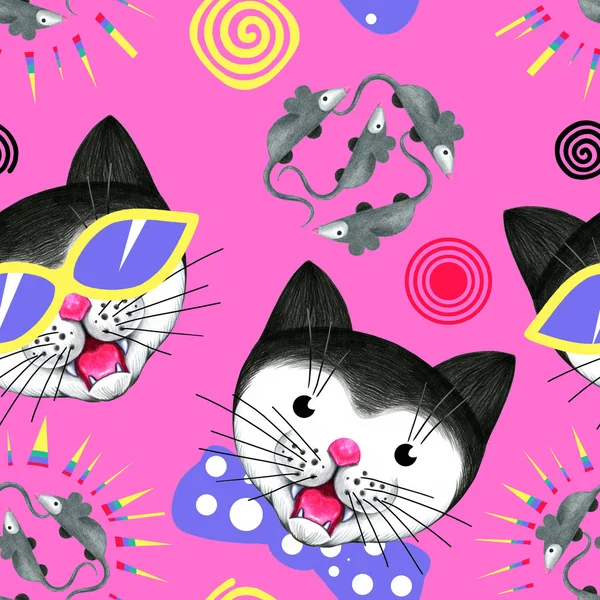 Seamless pattern with  cats and mice.