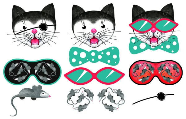 Uma Coleção Gatos Meowing Engraçados Uma Variedade Óculos Elementos Design — Fotografia de Stock