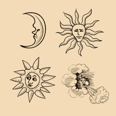 Gök cisimleri ve elementlerden oluşan klasik bir koleksiyon. Güneş, ay ve rüzgar. Vektör izole illüstrasyonu.