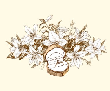 Zambaklar, tomurcuklar ve yapraklar olan bir kompozisyonun arka planına karşı zili çalın. Selamlar için vektör illüstrasyonu, kartlar. Düğün tasarımı.