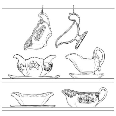 Hand drawn collection of antique sauceboats.Vector sketch in vintage style.