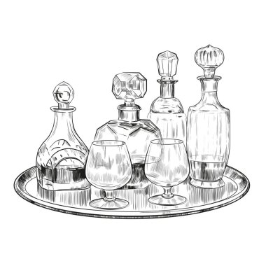 Vector sketch with glasses and alcoholic drinks in crystal glasses on a salver. Hand drawn aperitif or digestive. Vintage style.
