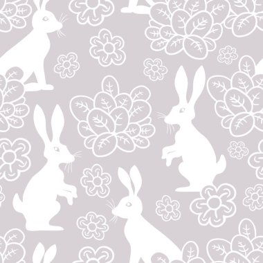 Tavşanlı, çiçekli ve pastel renkli yapraklı kusursuz desen. El yapımı vektör bileşimi..