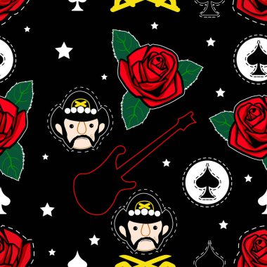 Siyah arka planda çeşitli yamaları olan kusursuz bir desen. Lemmy, meşe yapraklı bas gitar, maça ası ve yapraklı bir gül. El yapımı vektör çizimi..  
