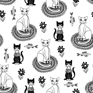 Beyaz arka planda komik kedileri olan kusursuz desenli bir karalama. El çizimi vektör illüstrasyonu.