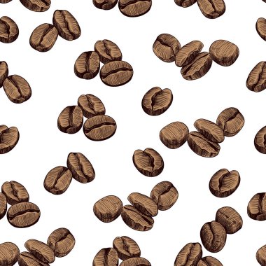 Beyaz arka planda kahve çekirdekleri olan klasik, dikişsiz bir model..