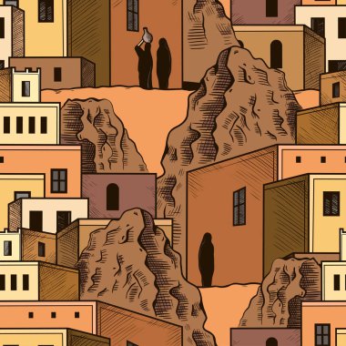 Doğu köyünü gören kusursuz bir desen. El çizimi vektör çizimi