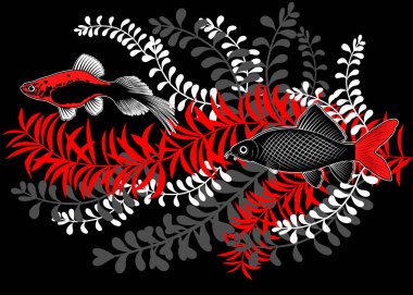 Akvaryum balıkları ve su bitkilerinin bileşimi. Vektör arkaplan. El çizimi illüstrasyon.