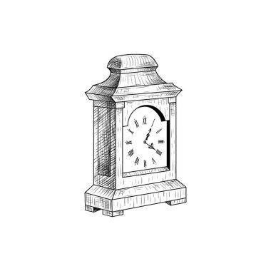 Koridorun iç çizimi. Kapı, kürsüde şemsiyeler, askıda giysiler, ayakkabılar ve tencerede kaktüs. Klasik tarzda elle çizilmiş vektör illüstrasyonu.